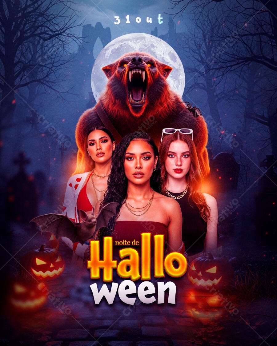 Flyer Noite de Hallo ween 31 Outubro com Lobisomem e Mulheres Psd Editável