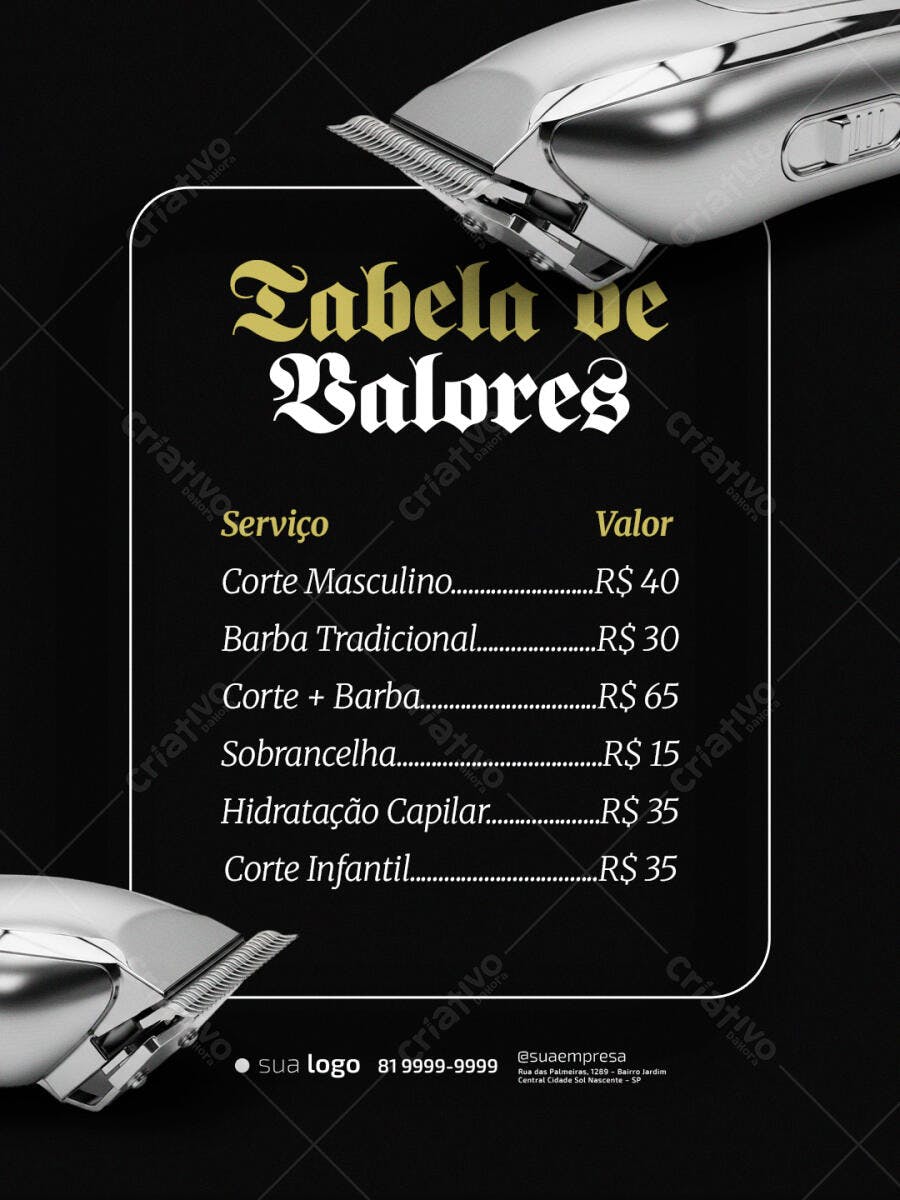 Flyer Barbearia Tabela de Valores Corte Masculino Barba PSD Editável