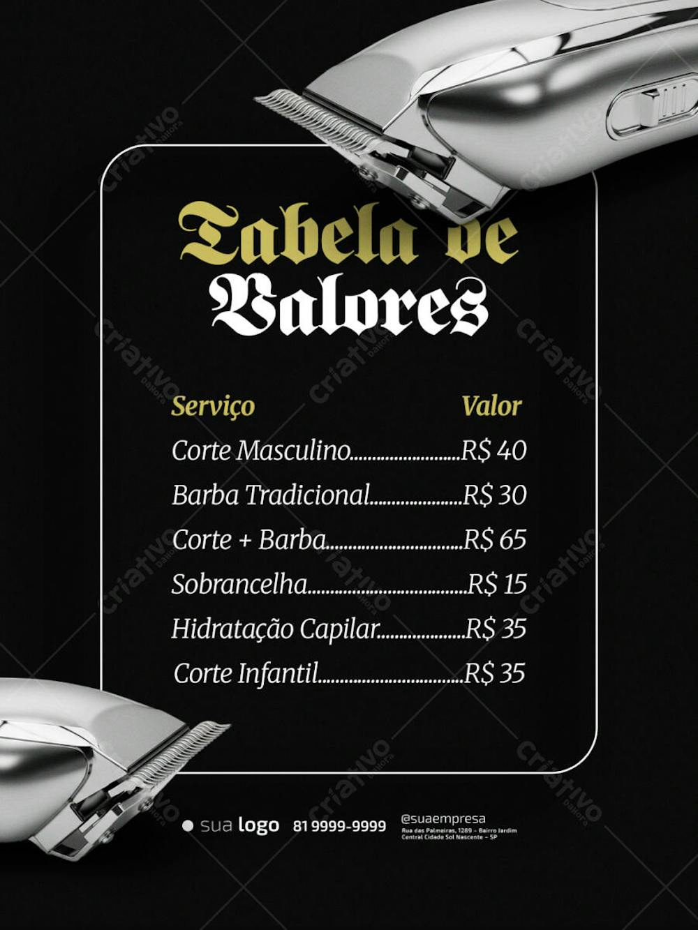 Flyer Barbearia Tabela de Valores Corte Masculino Barba PSD