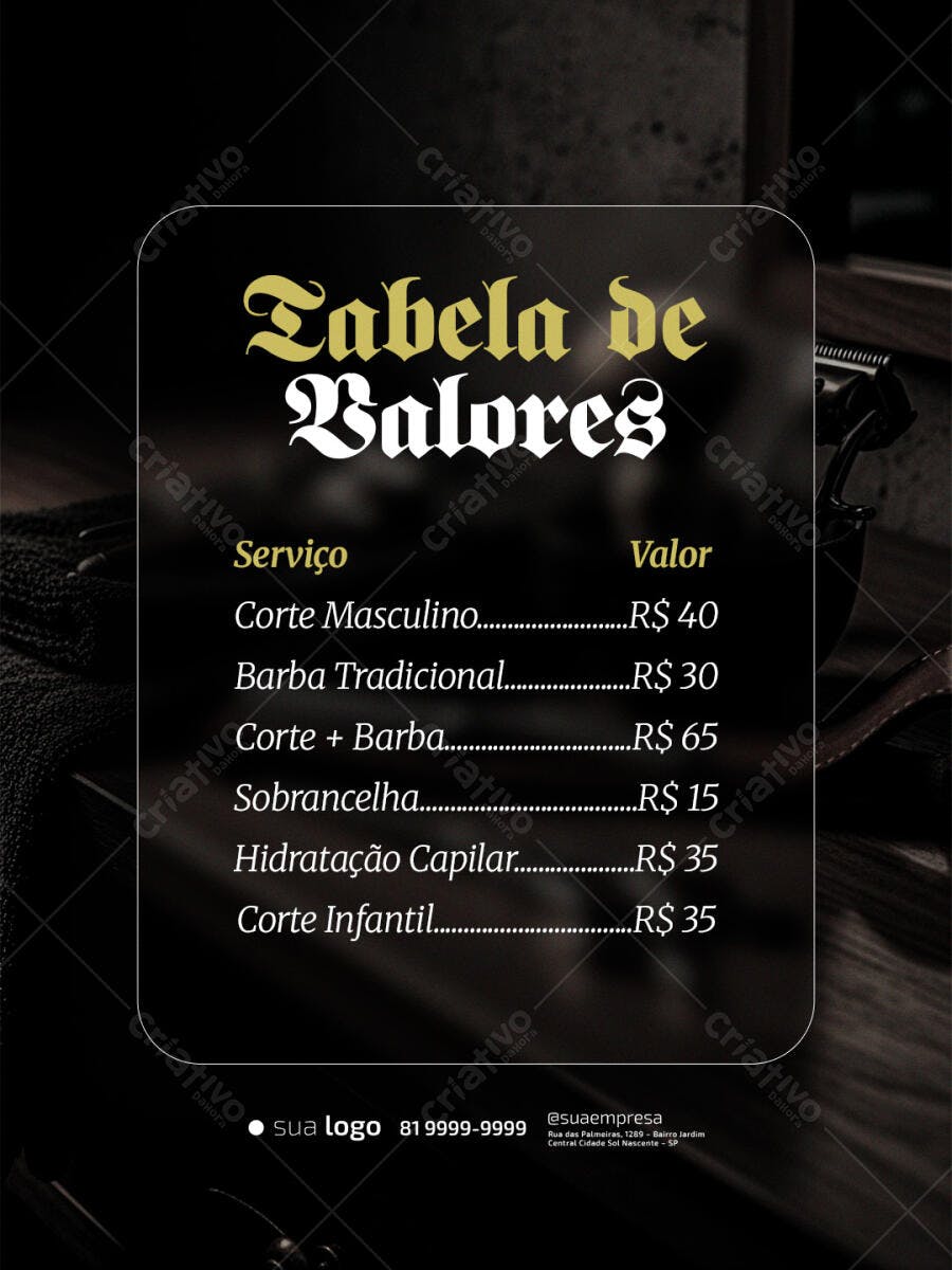 Flyer Tabela de Valores Barbearia PSD Editável