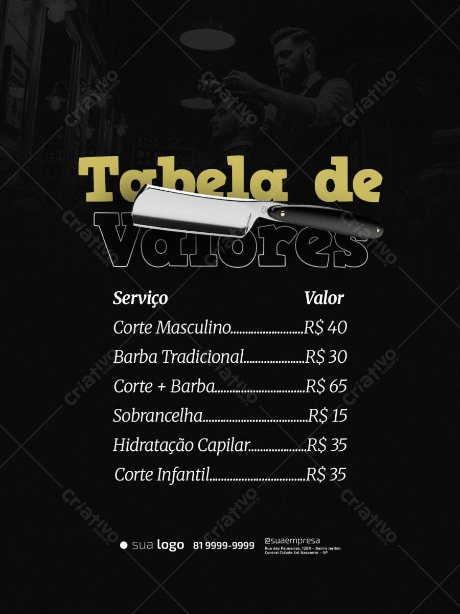 Tabela de Preços de Barbearia com Navalha PSD Editável