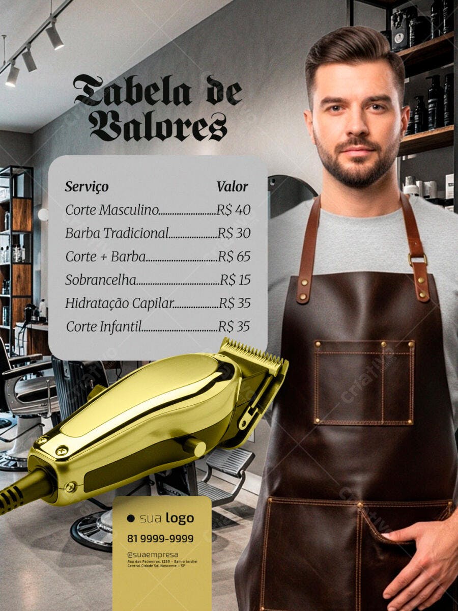 Flyer de Barbearia com Tabela de Valores PSD Editável