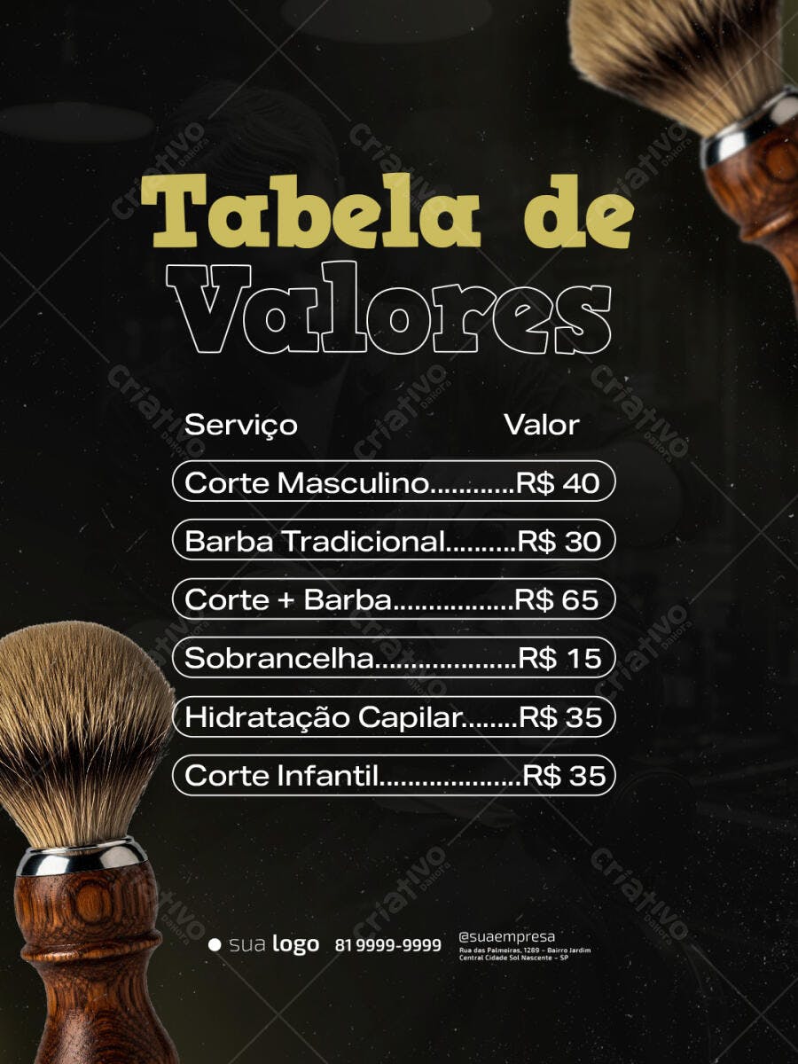 Flyer Tabela de Valores para Barbearia PSD Editável