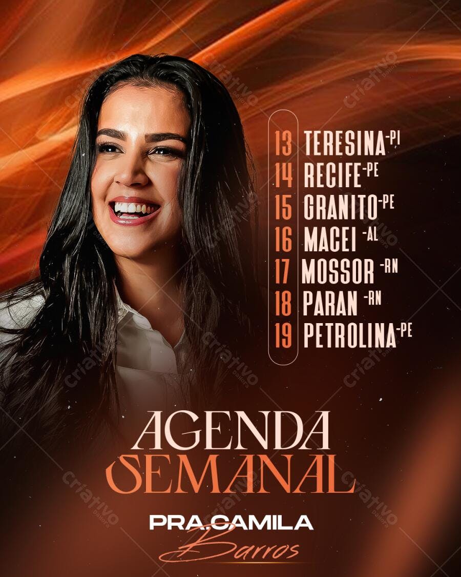 Flyer Agenda Semanal Pra. Camila Barros PSD Editável