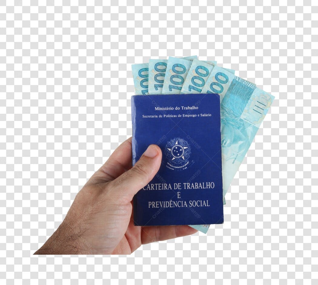 Post Mídias Sociais Mão com Carteira de Trabalho e dinheiro Reais PNG com fundo transparente