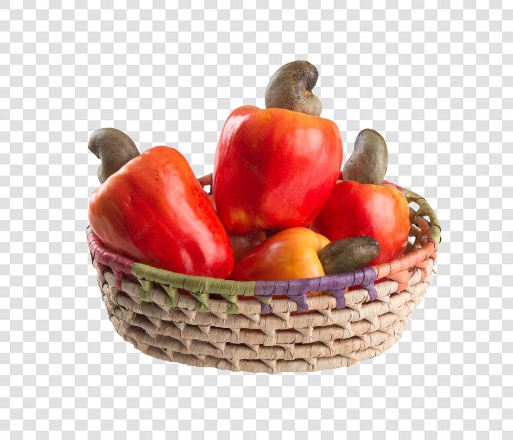 Cesta de Caju Fresco Vermelho em Cesta de Palha PNG com fundo transparente