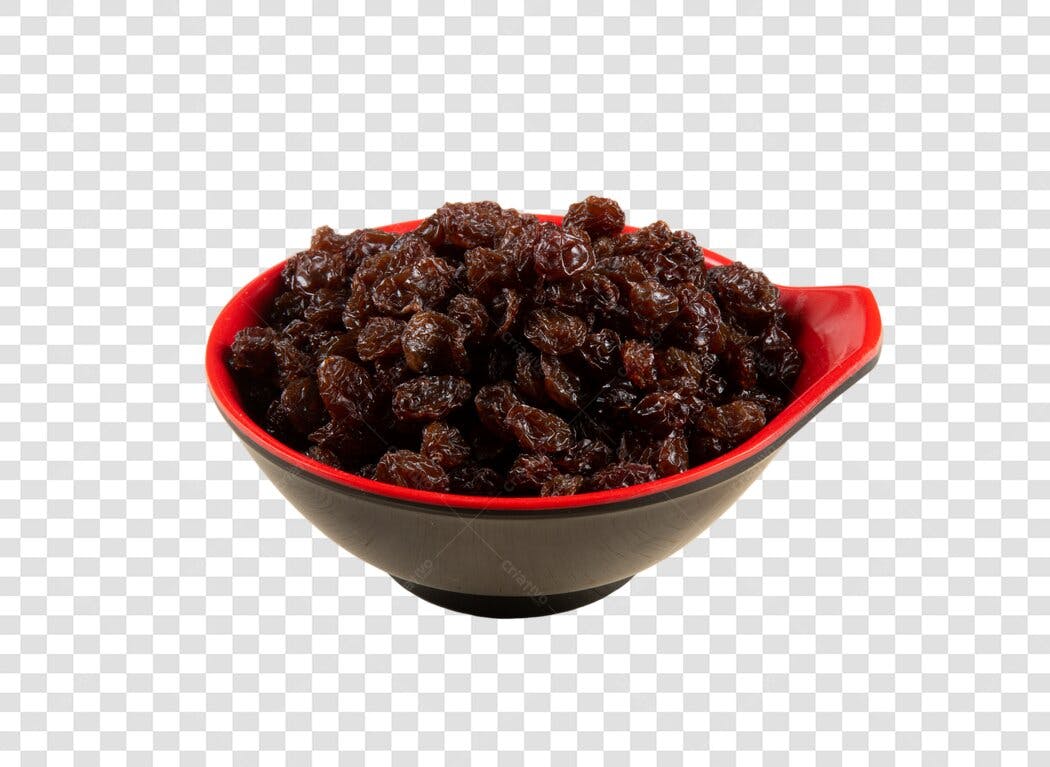Imagem de Passas Uvas Secas em Tigela Vermelha e Preta PNG com fundo transparente