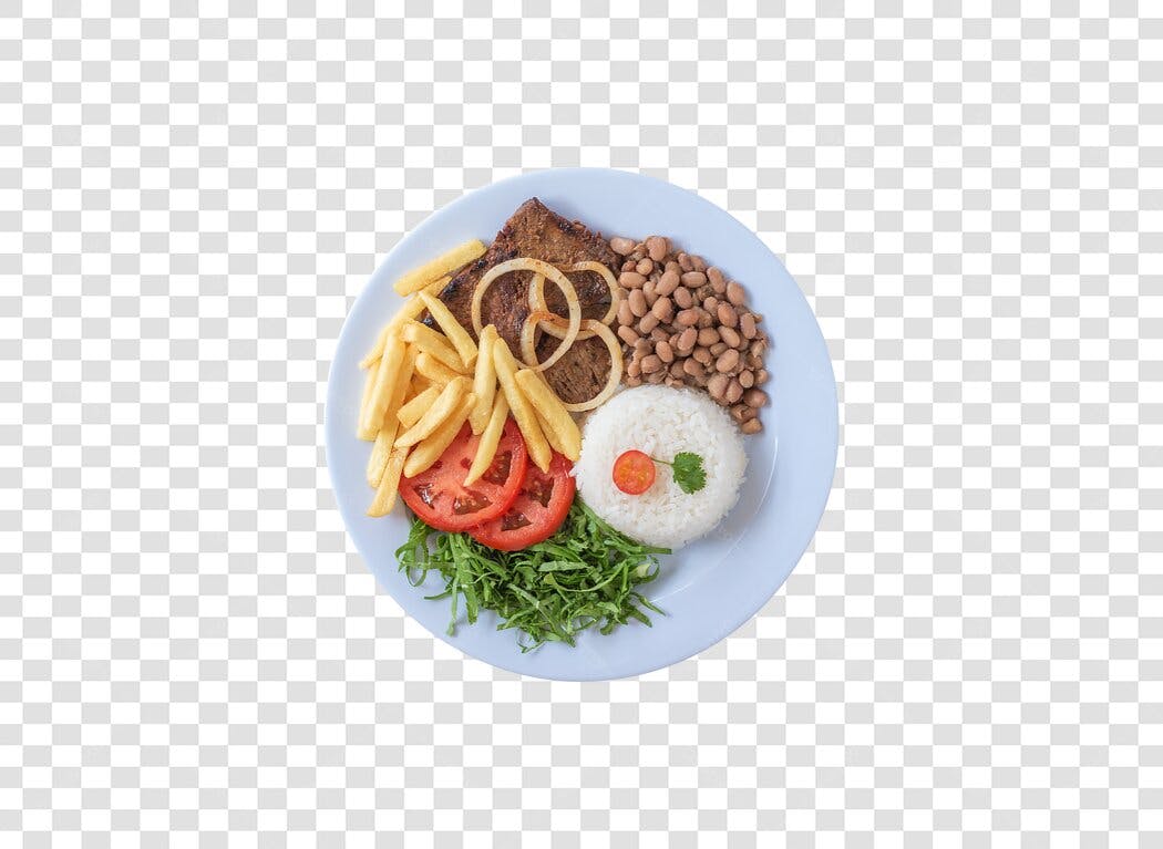 Imagem Prato Feito Completo com Bife Arroz Feijão Batata Frita PNG com fundo transparente