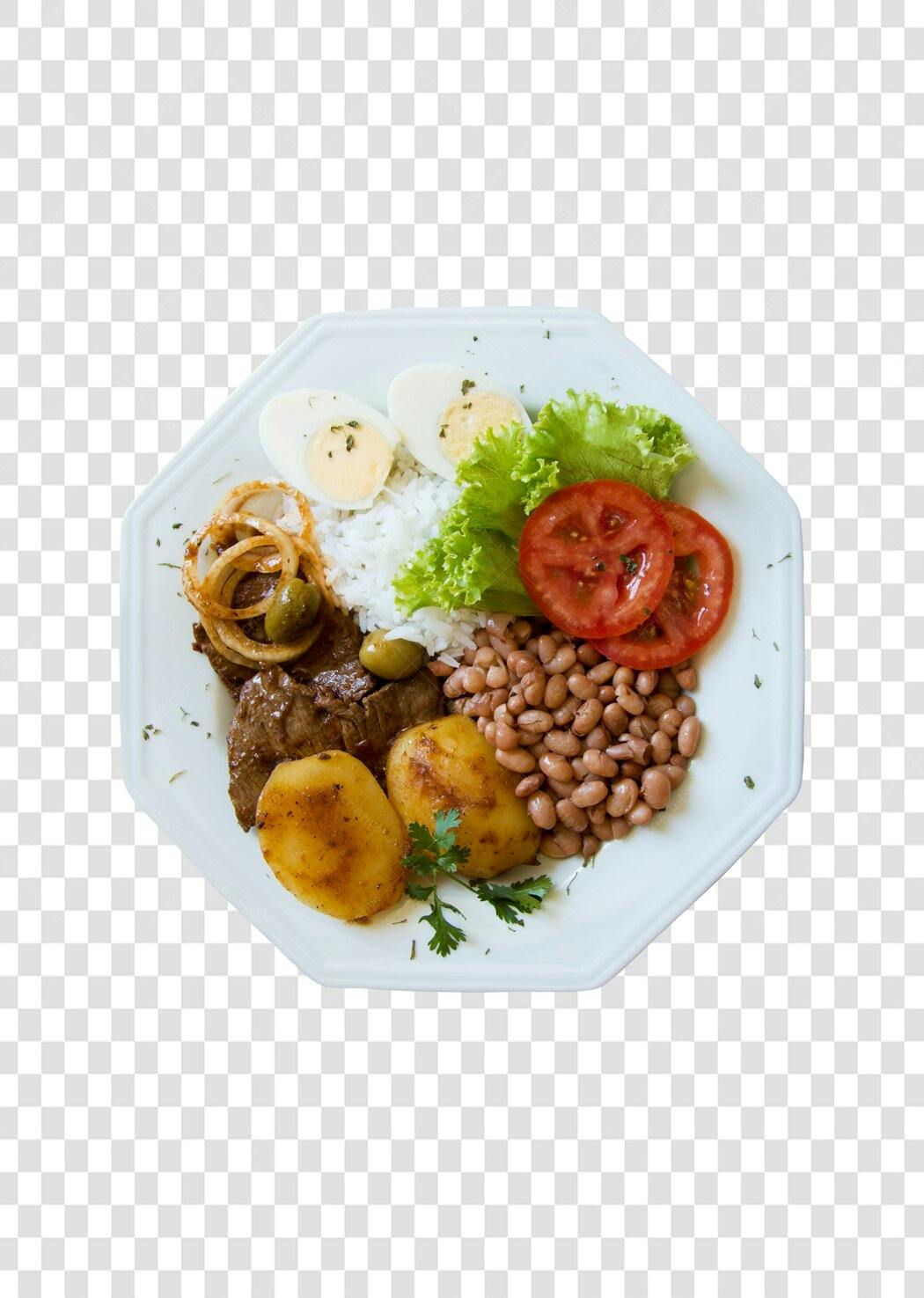 Foto de Prato de Comida Feita Bife Arroz Feijão Batata Ovos e Salada PNG transparente