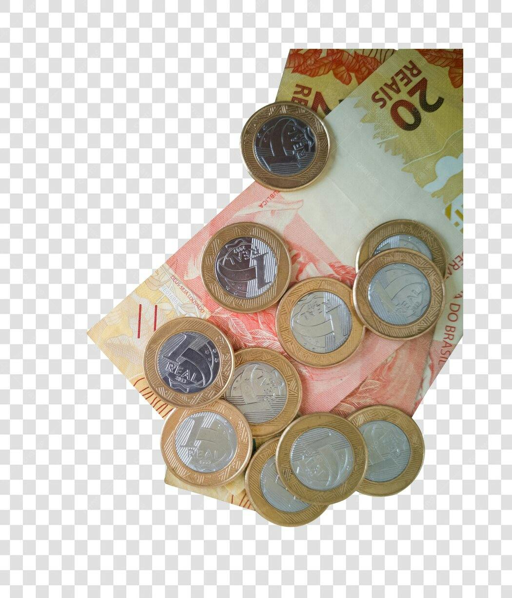 Ilustração Dinheiro Brasileiro Moedas e Notas de 20 Reais PNG com fundo transparente