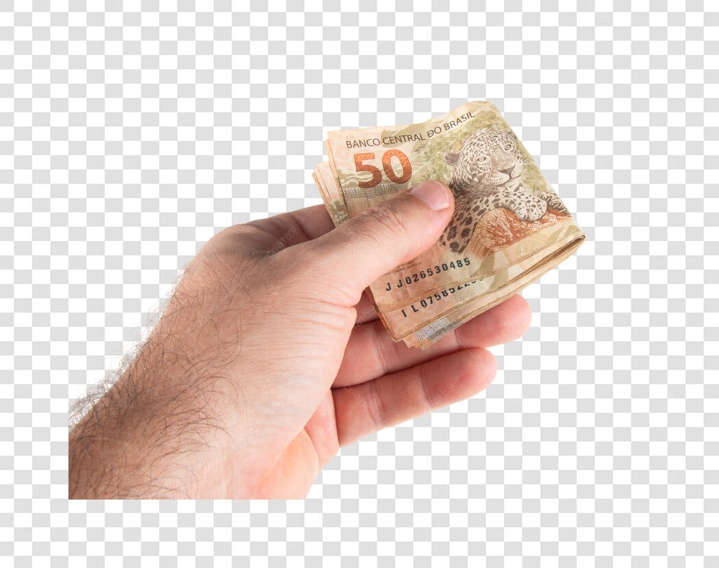 Imagem Financeira Mão Masculina Segurando Notas de 50 Reais PNG com fundo transparente