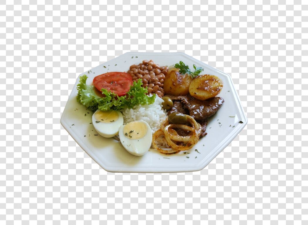 Imagem de Prato Feito Brasileiro Bife Arroz Feijão e Salada PNG com fundo transparente