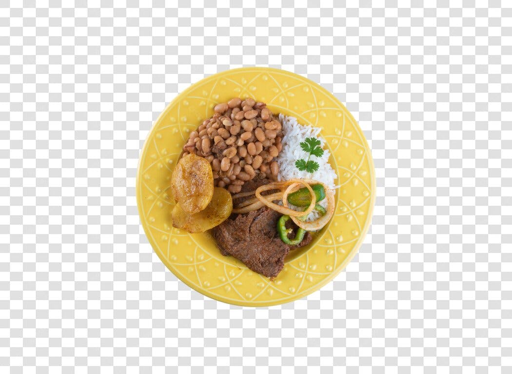 Imagem de Refeição Brasileira Completa Bife Arroz Feijão Batata Amarelo PNG com fundo transparente