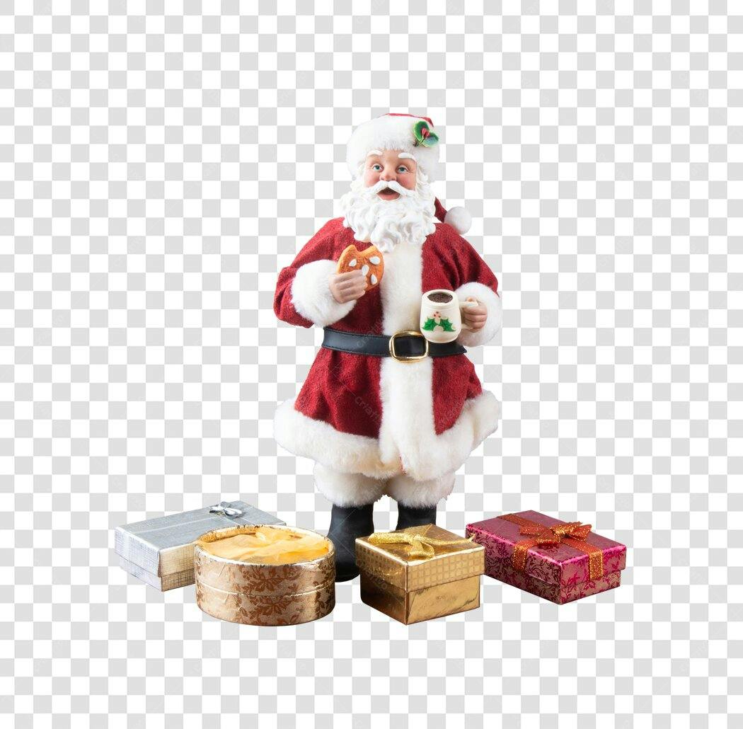 Papai Noel com Pretzel e Caneca de Natal e Presentes PNG com fundo transparente