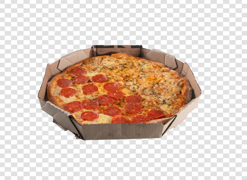 Imagem de Pizza Meio a Meio Calabresa Frango na Caixa PNG com fundo transparente