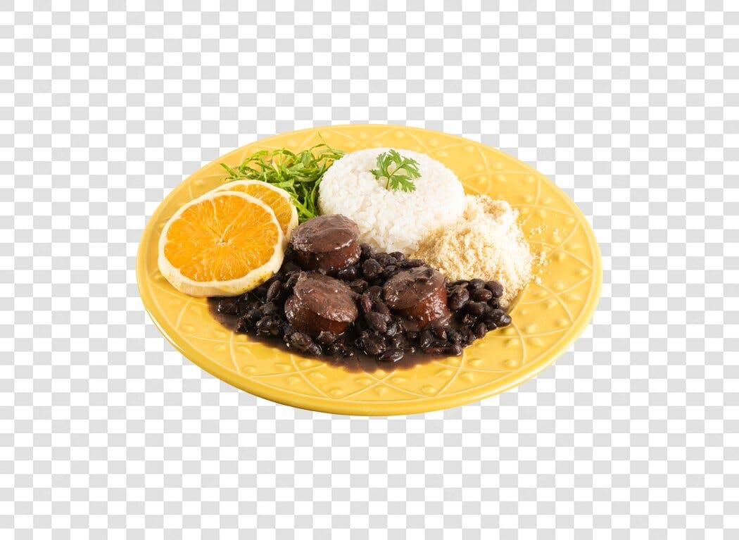 Prato de Comida Feijoada Completa com Arroz Farofa e Laranja PNG com fundo transparente