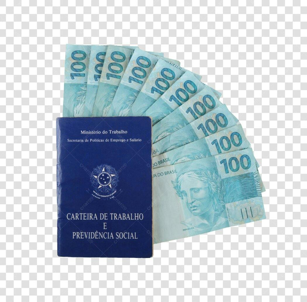 Imagem Carteira de Trabalho e notas de 100 Reais direitos trabalhistas PNG com fundo transparente
