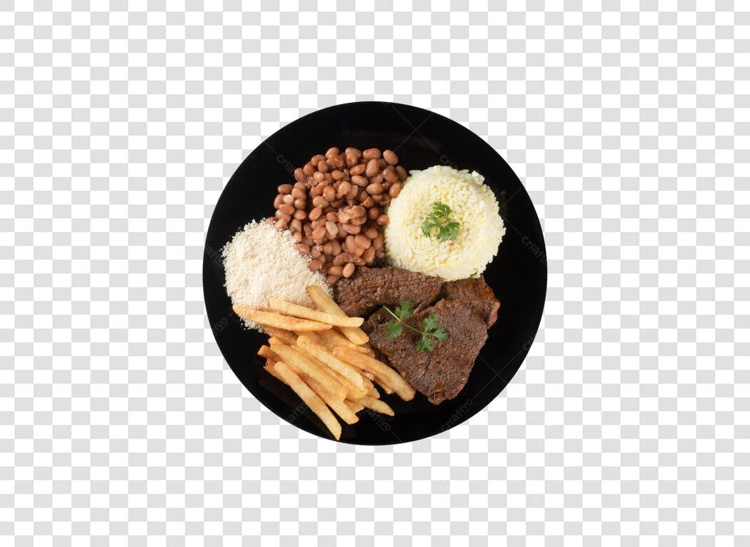 Comida Prato Feito Brasileiro Bife Fritas Arroz Feijão PNG com fundo transparente