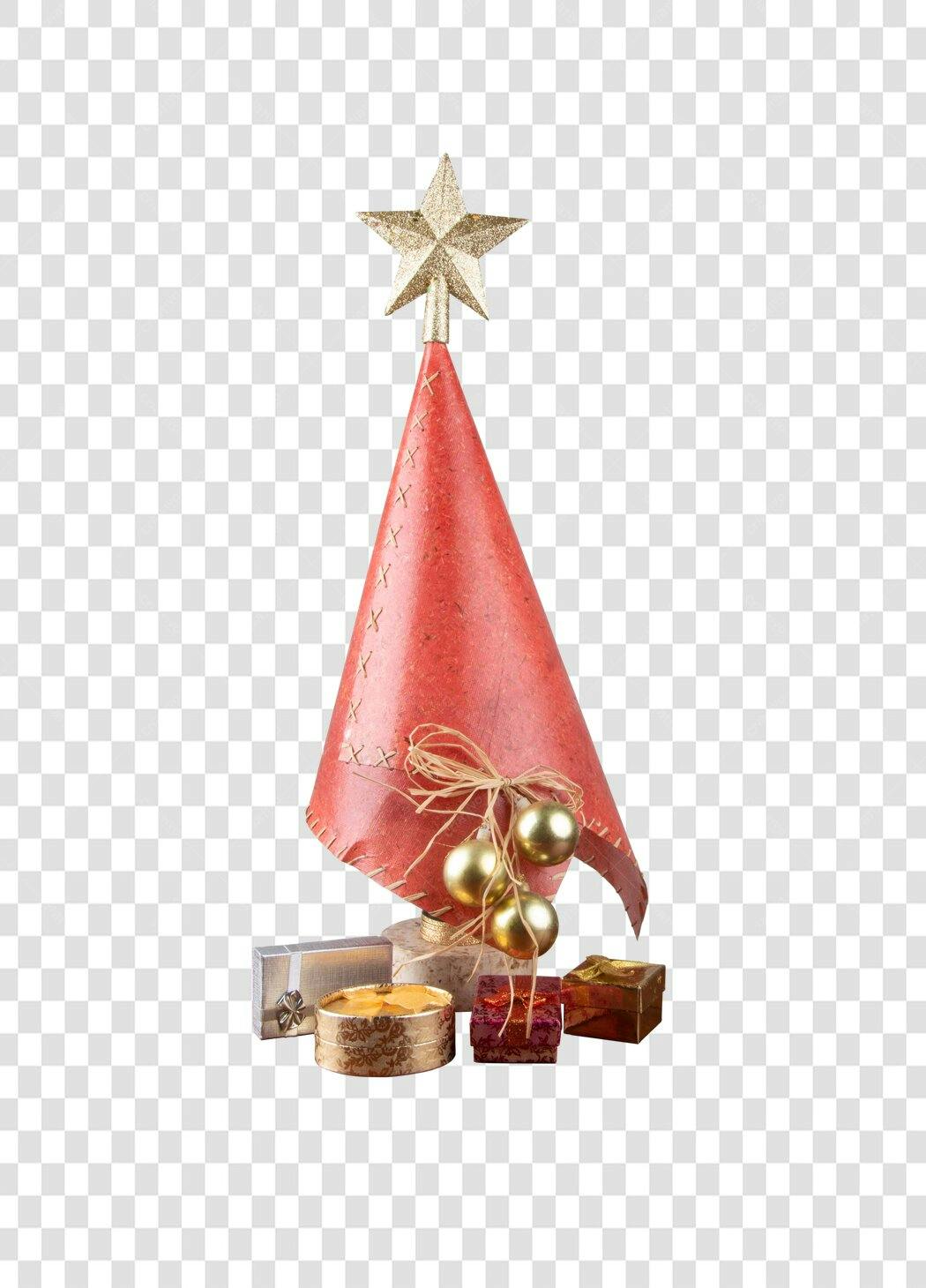 Ilustração Árvore de Natal rústica vermelha com presentes e estrela dourada PNG com fundo transparente
