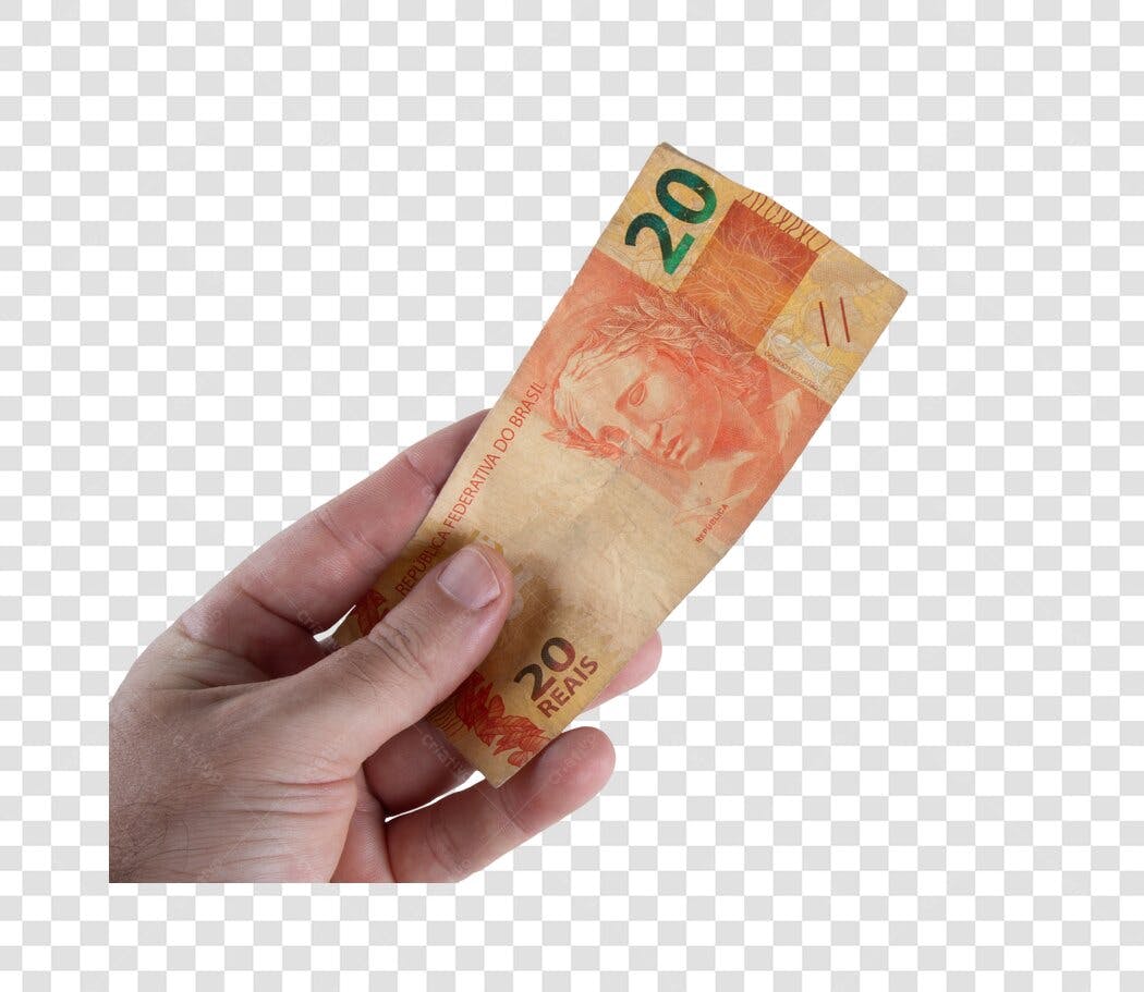 Elemento gráfico nota de 20 Reais brasileira na mão PNG com fundo transparente