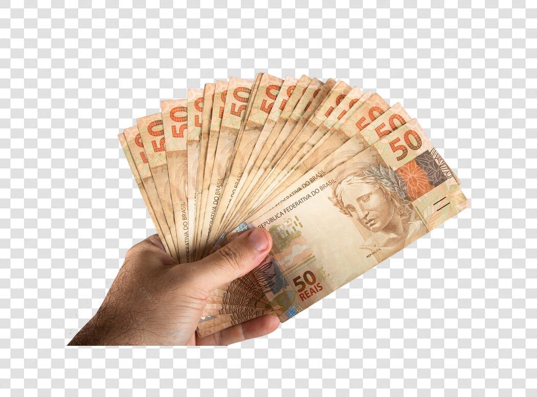 Mão com dinheiro Notas 50 Reais Brasileiras PNG com Fundo Transparente