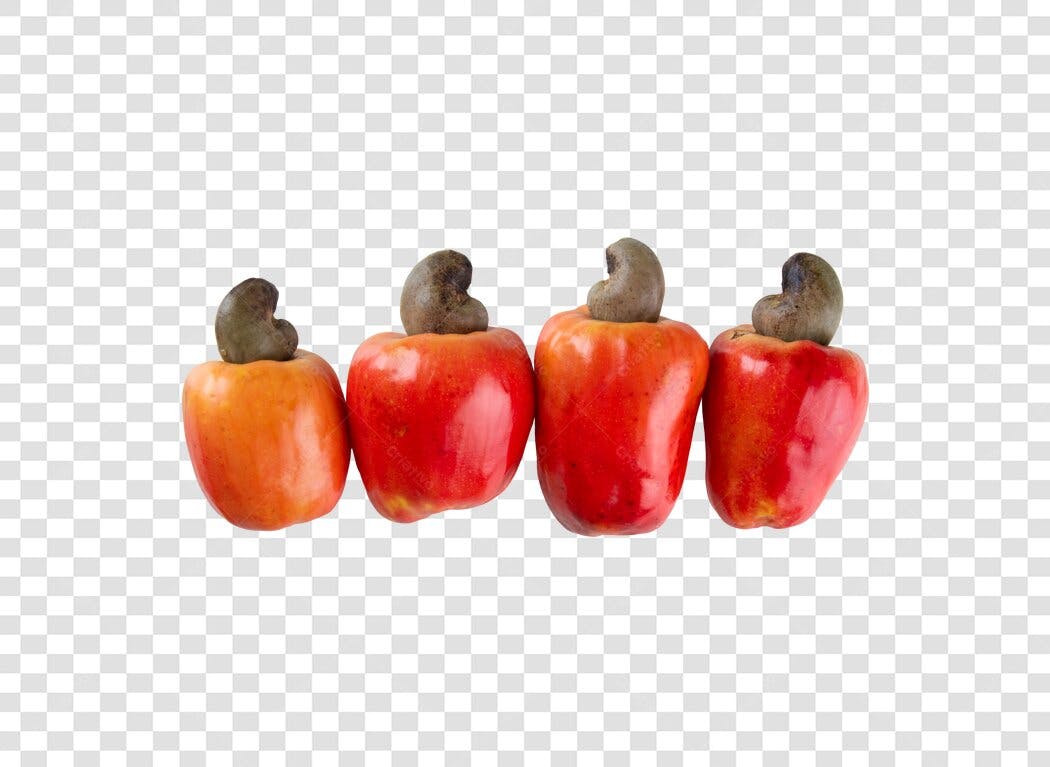 Imagem de quatro cajus vermelhos e laranjas PNG com fundo transparente