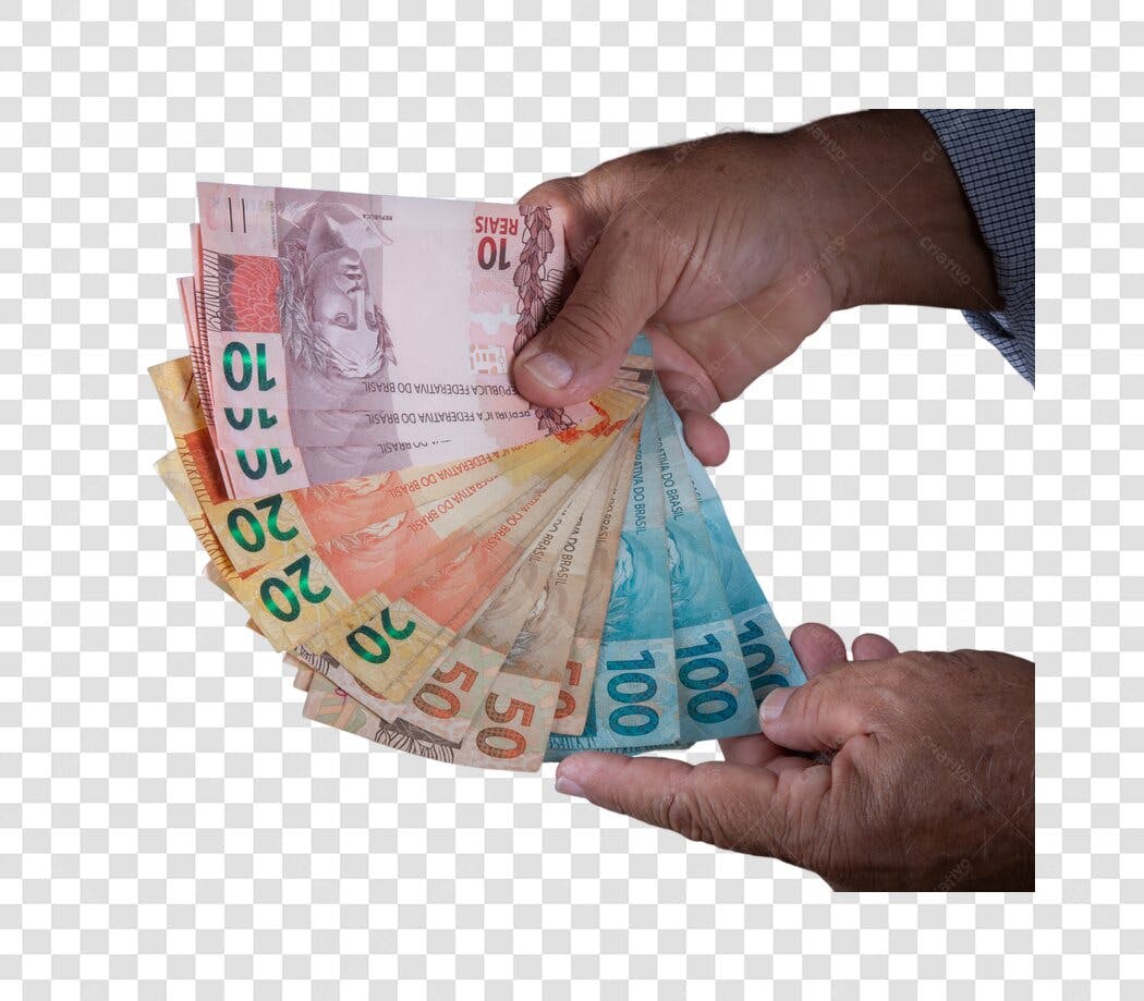 Mãos segurando notas de Real Brasileiro finanças economia PNG com fundo transparente