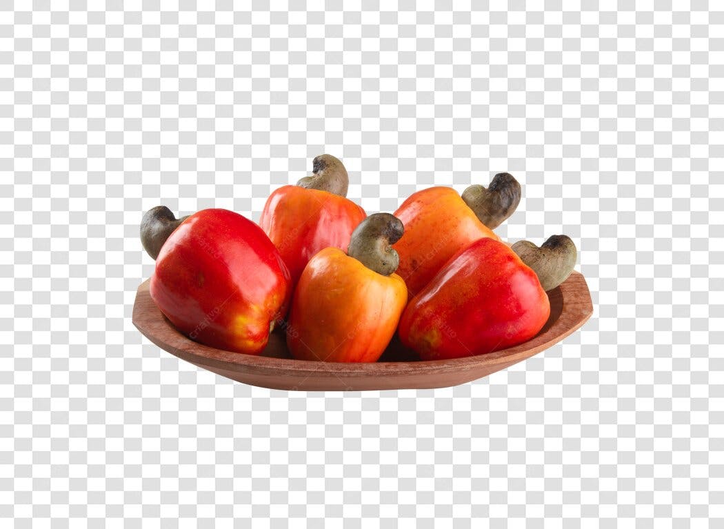 Caju Frutas Tropicais em Tigela de Madeira PNG com fundo transparente