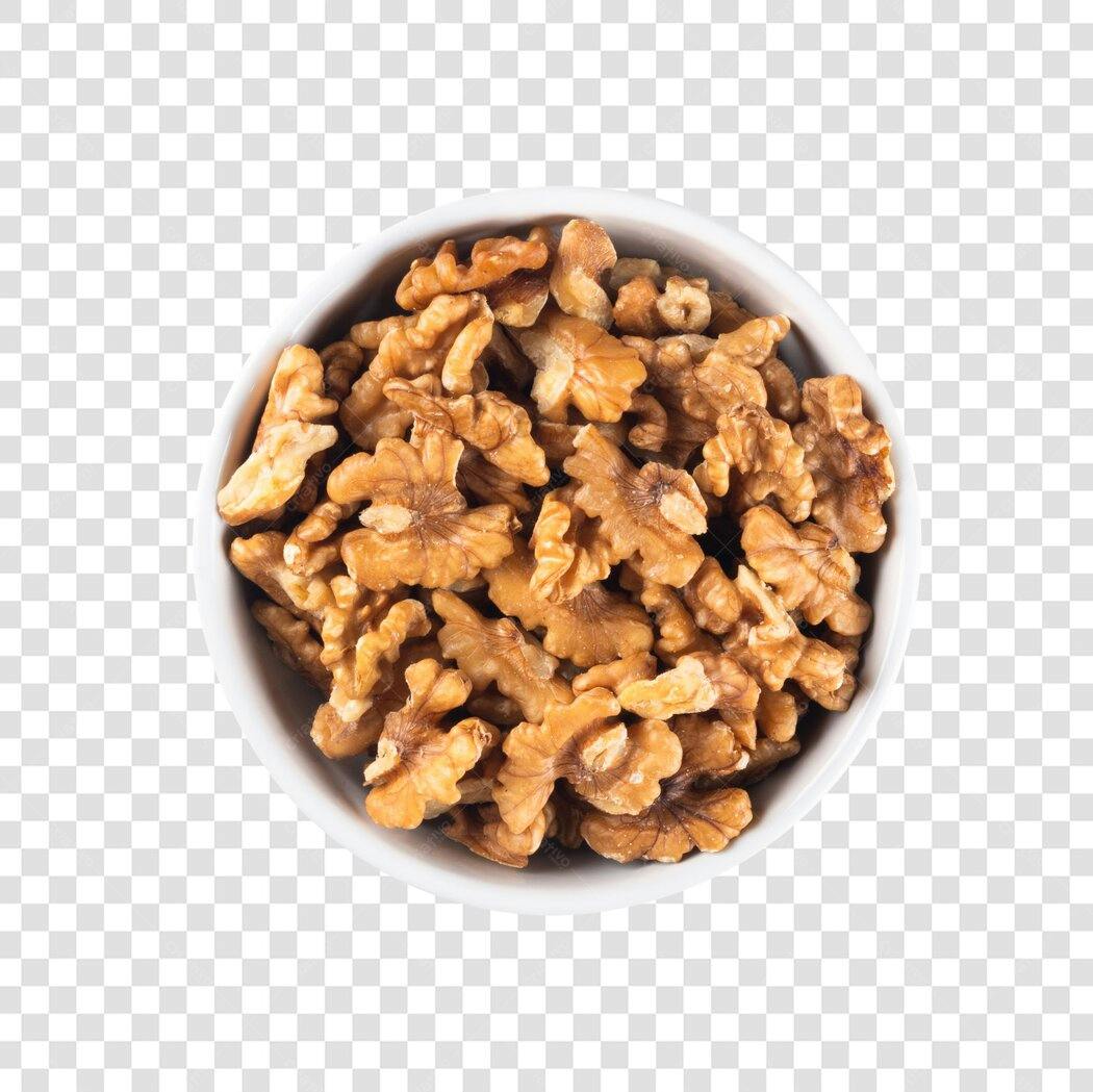 Alimento Nozes em tigela branca para culinária PNG com fundo transparente
