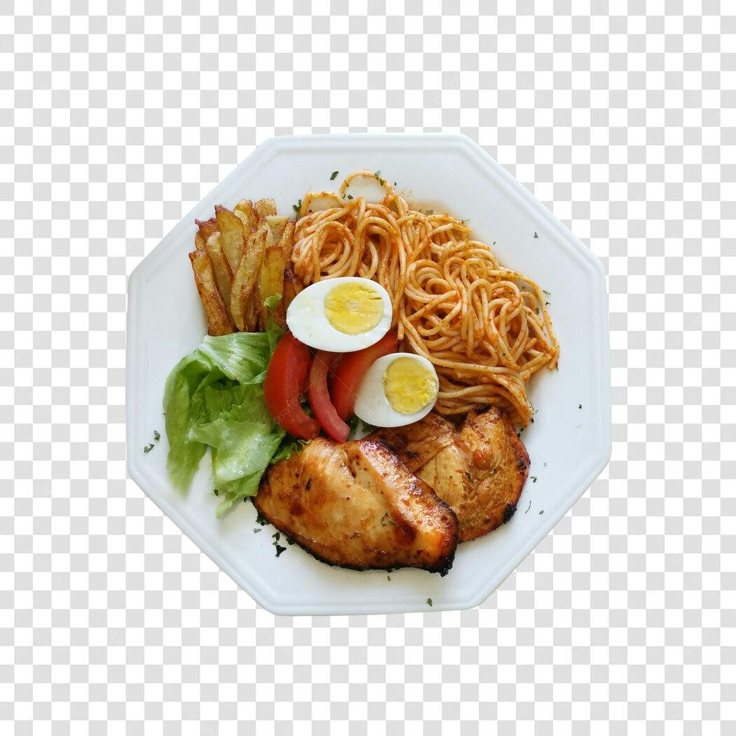 Foto para Menu de Restaurante Prato Completo Frango Macarrão Salada PNG com fundo transparente