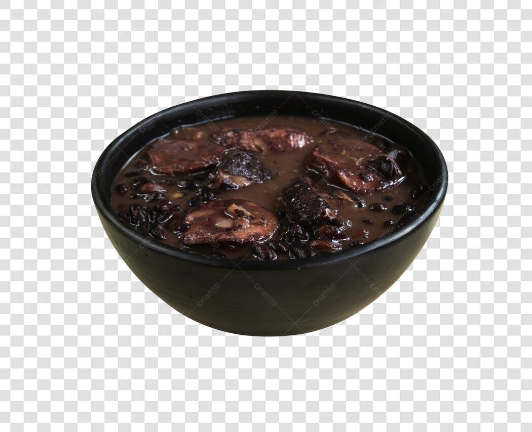 Elemento culinário Feijoada Brasileira tradicional em tigela escura PNG com fundo transparente