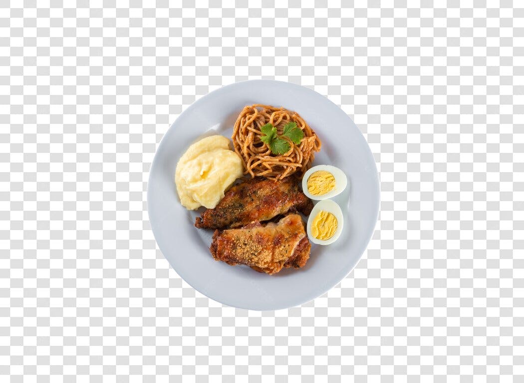 Prato de Refeição Frango Purê Macarrão Ovo PNG com fundo transparente