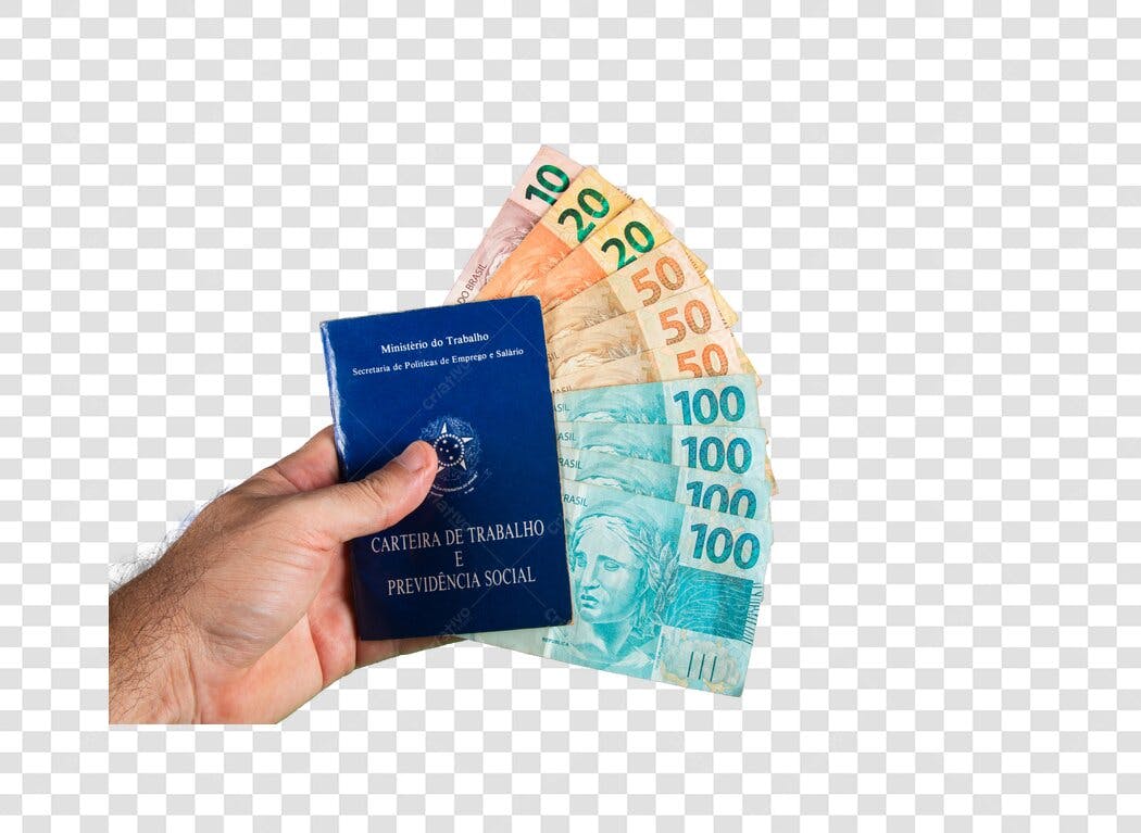 Banner Digital Mão Segurando Carteira de Trabalho e Reais Salário Mensal PNG com fundo transparente