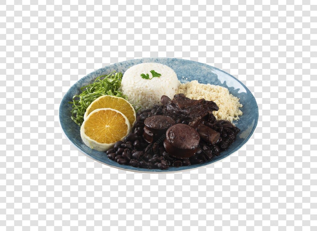 Prato de Comida Feijoada Brasileira com arroz feijão farofa laranja e couve PNG com fundo transparente