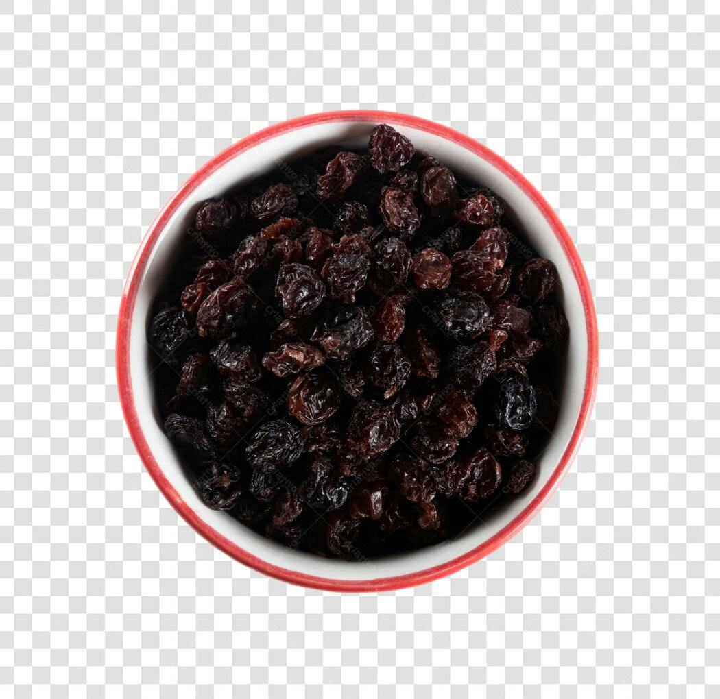 Ingrediente Uva Passa Escura em Tigela Branca PNG com fundo transparente