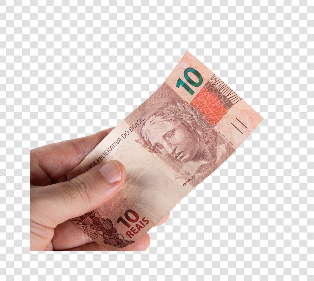 Elemento Gráfico Mão Segurando Nota de 10 Reais Tons Rosados e Verdes PNG com fundo transparente