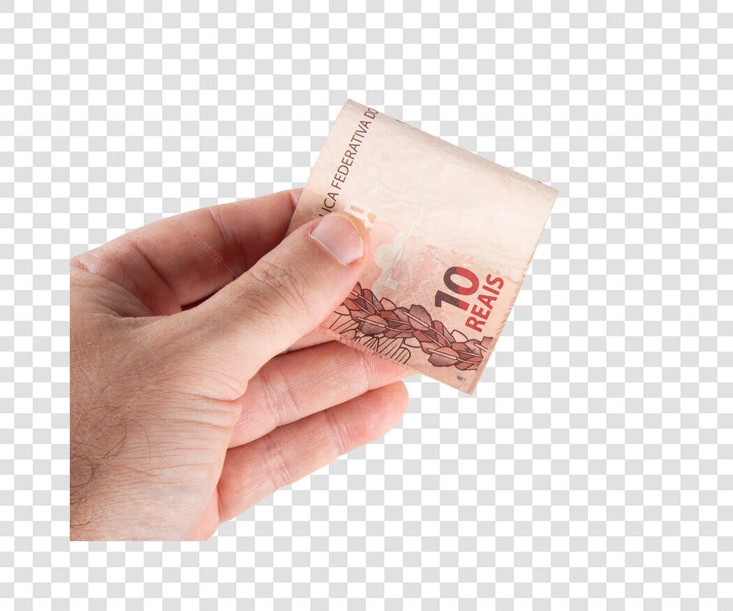 Ilustração financeira mão segurando nota de 10 Reais brasileira PNG com fundo transparente