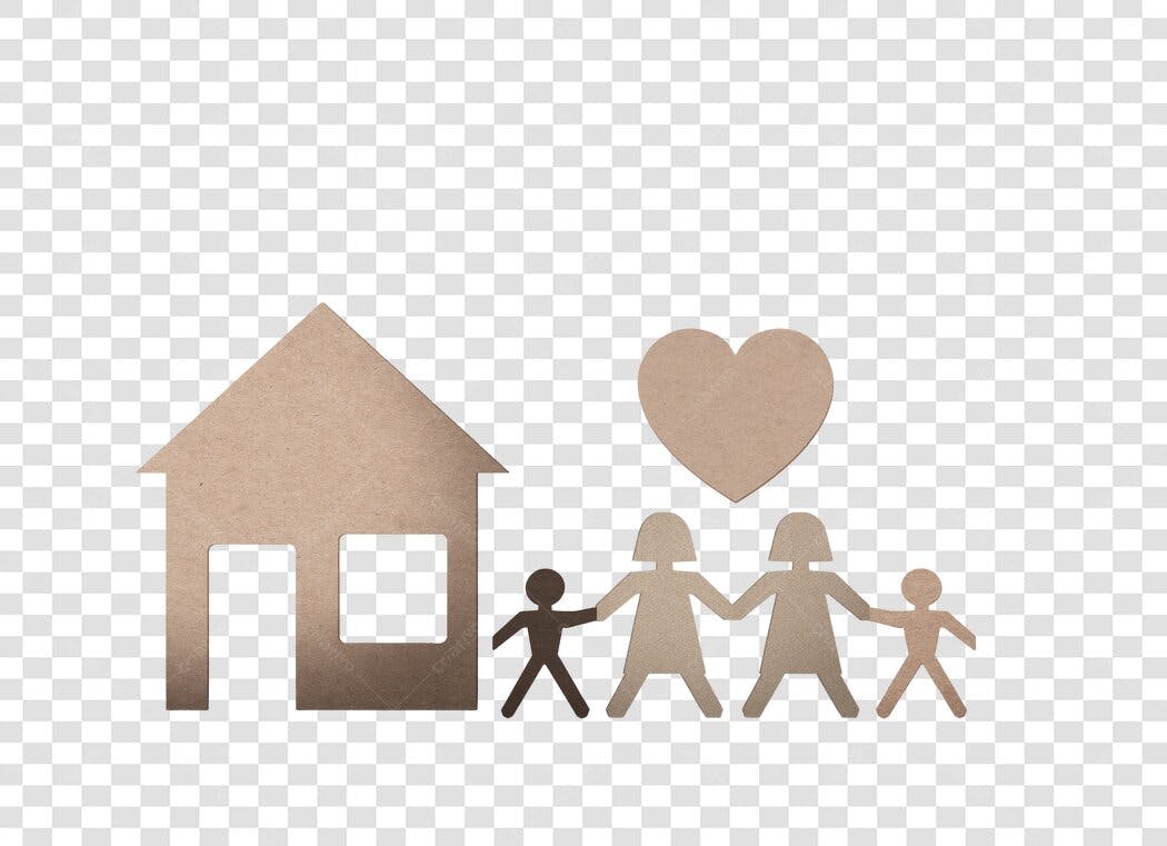 Ícone família diversa em casa com coração papel pardo PNG com fundo transparente