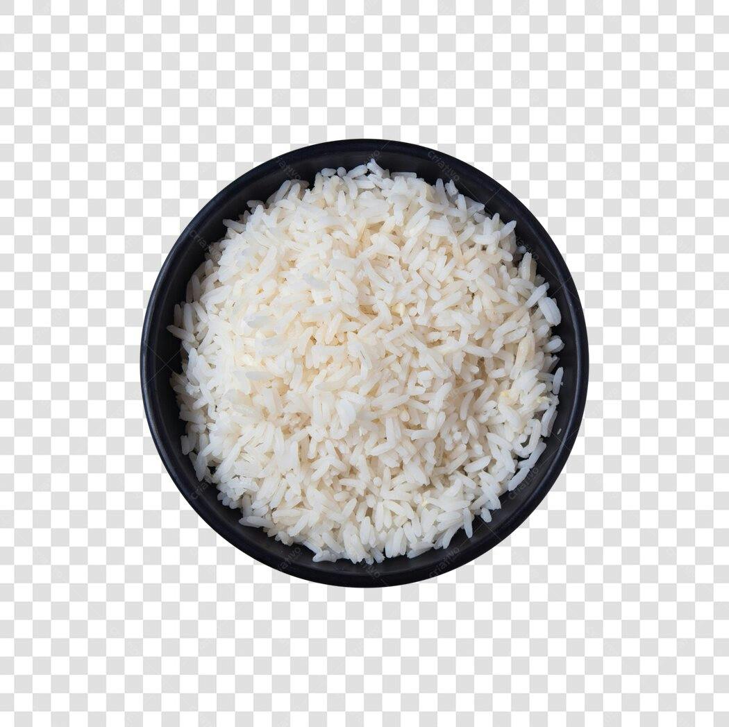 Foto de alimento arroz branco cozido em tigela preta PNG com fundo transparente