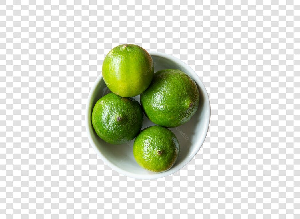 Foto produto limas verdes em tigela branca PNG com fundo transparente