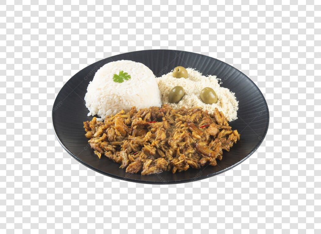 Prato Refeição Completa com Arroz Carne Seca Farofa e Azeitonas PNG com fundo transparente