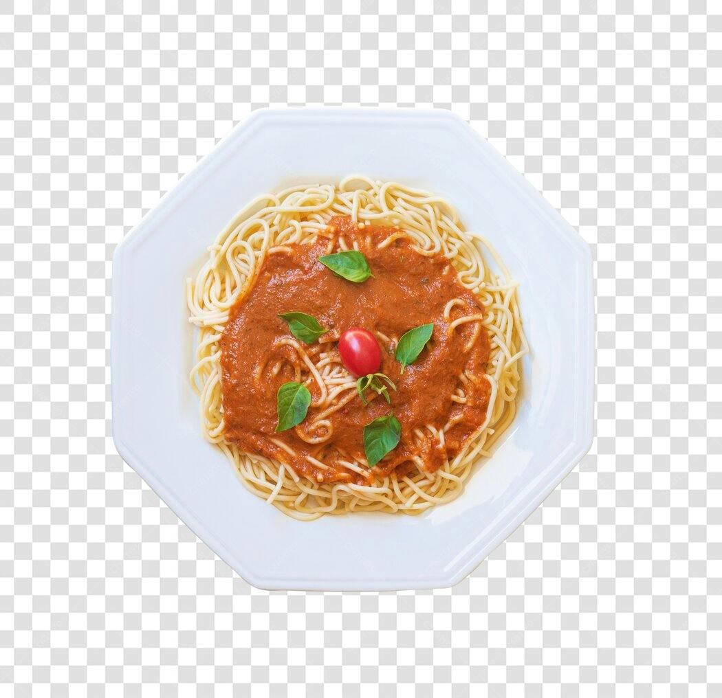 Prato de Espaguete com Molho de Tomate Manjericão PNG com fundo transparente