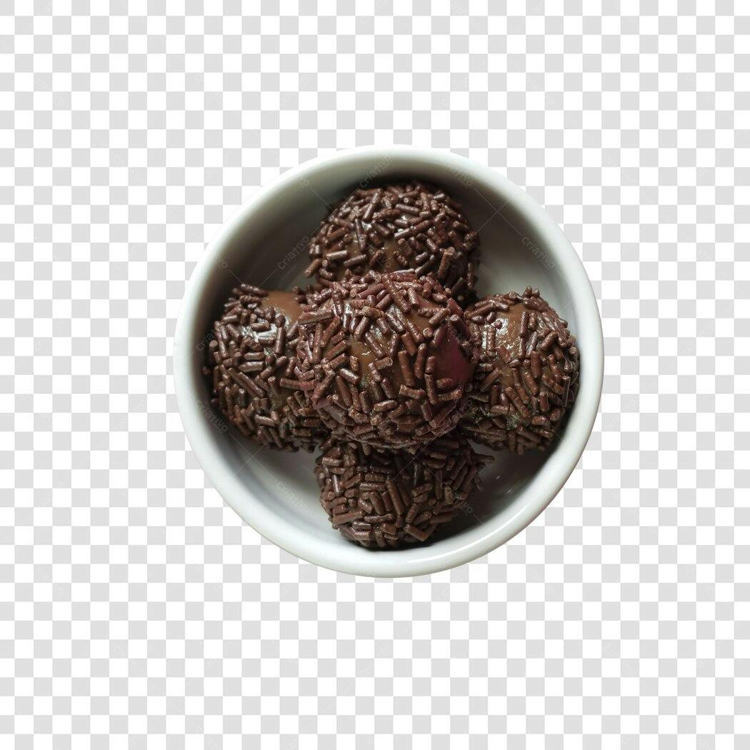 Doce Brigadeiros Marrons com Granulado em Recipiente Branco PNG com fundo transparente