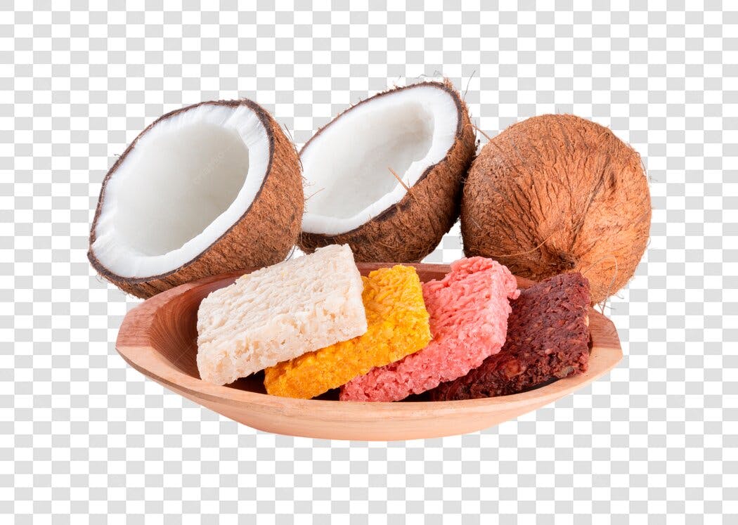 Foto de Cocadas Coloridas e Cocos Frescos PNG com fundo transparente