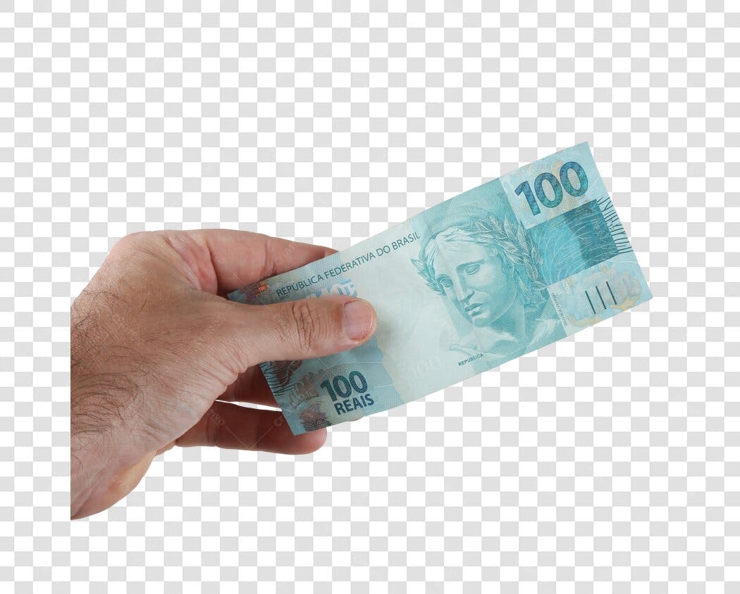 Icone Mão segurando nota de 100 Reais azul dinheiro economia PNG com fundo transparente