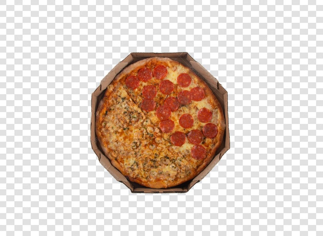 Pizza metade pepperoni frango caixa marrom PNG com fundo transparente