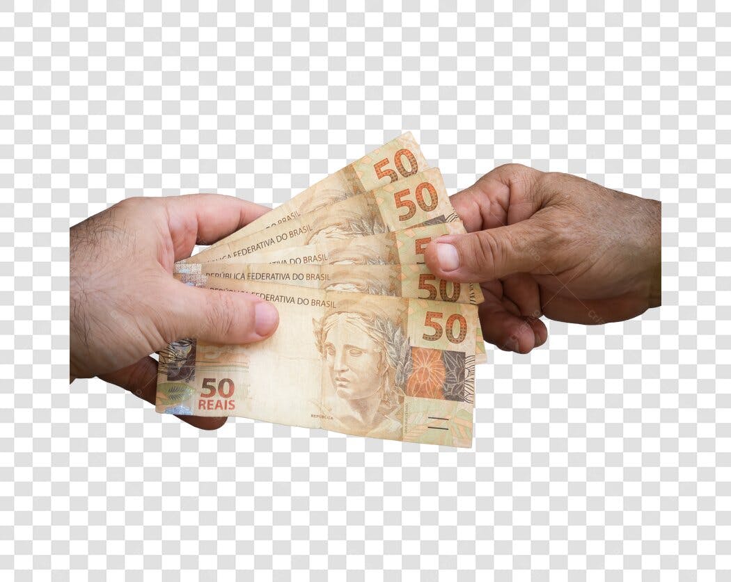 Recorte PNG Mãos entregando notas de 50 Reais Brasileiros com fundo transparente