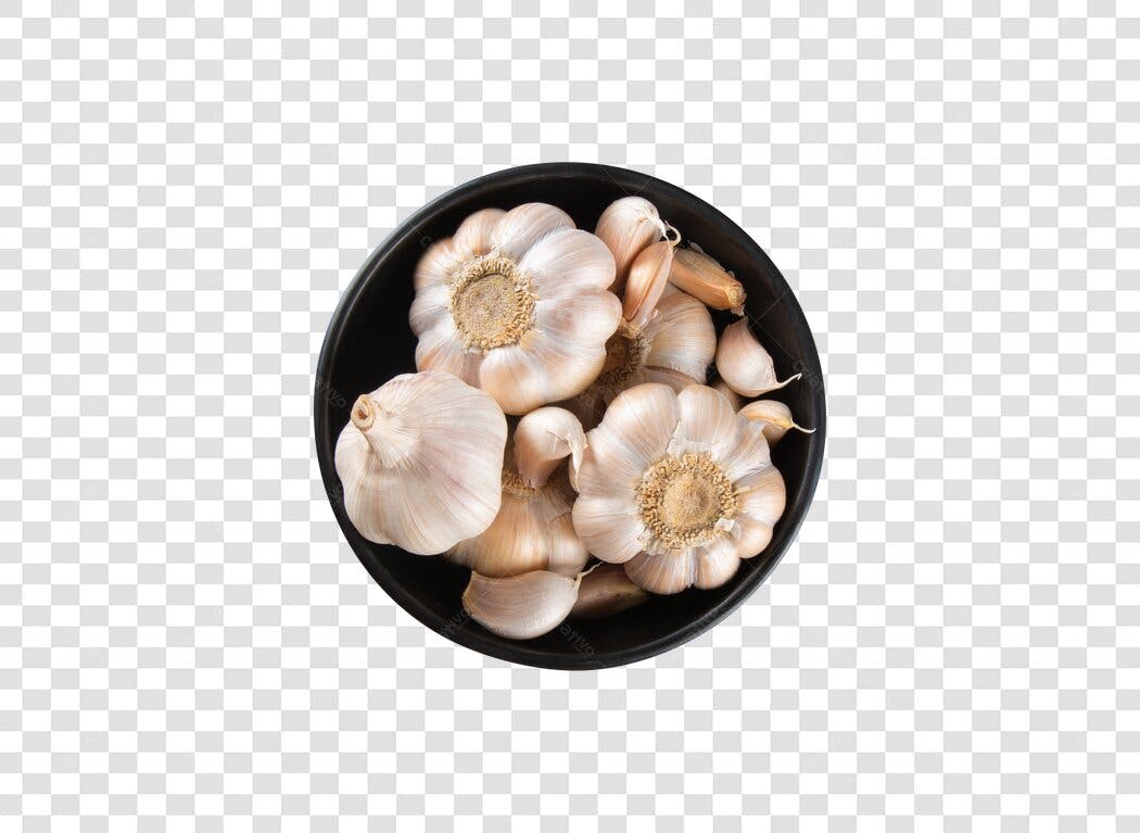 Imagem de Alho Fresco em Tigela Preta Ingrediente Culinário PNG com Fundo Transparente