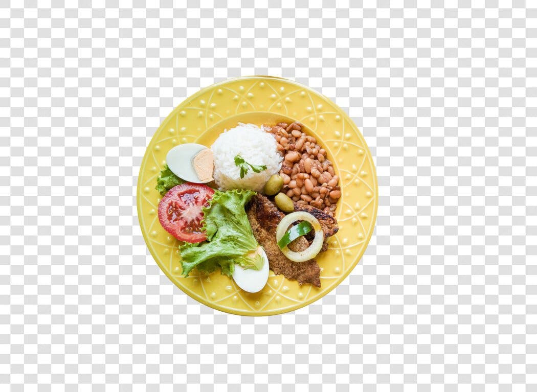 Imagem de Refeição Brasileira Arroz Feijão Carne Salada Ovo PNG com fundo transparente
