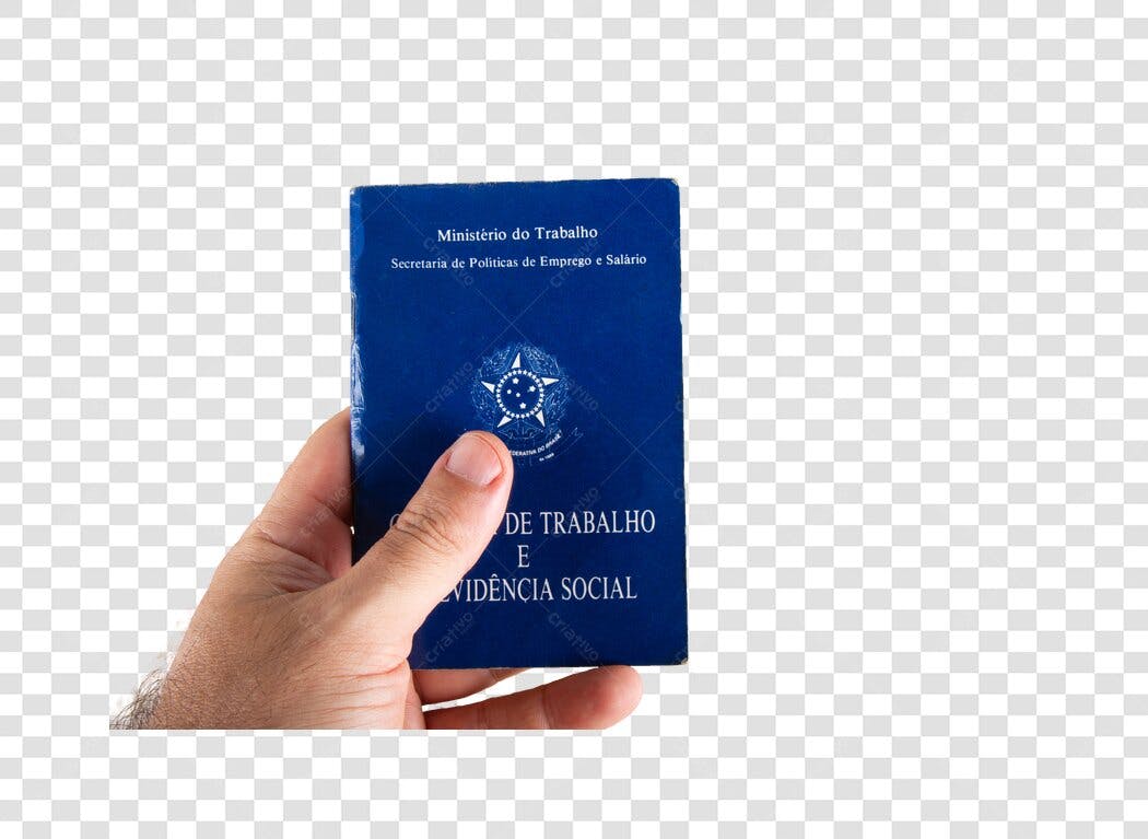 Documento Carteira de Trabalho Brasileira azul em mão masculina PNG com fundo transparente